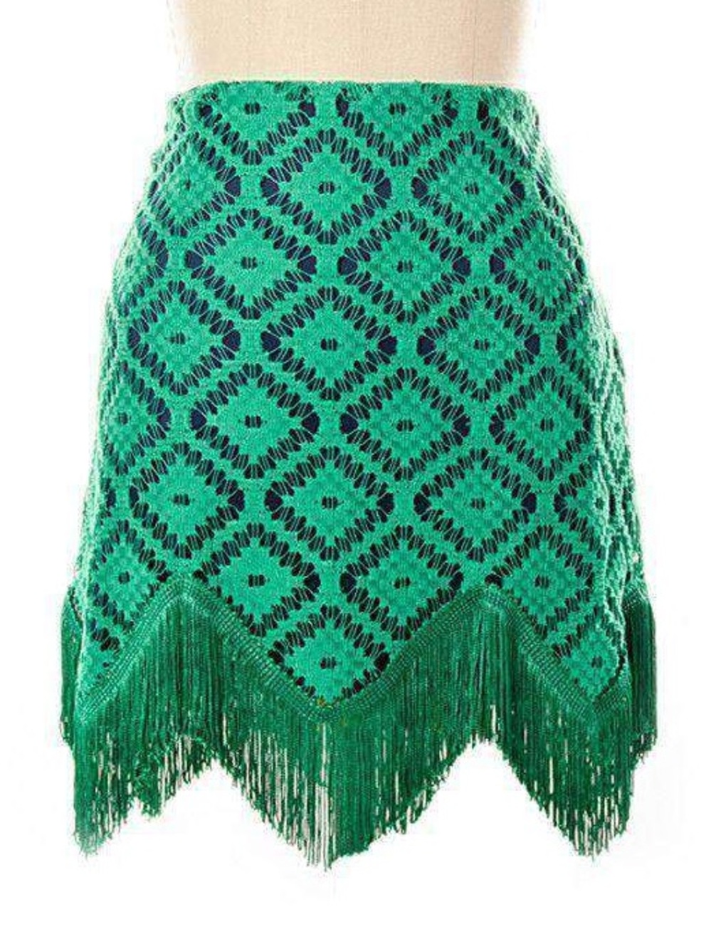 Judith March Beige Brown Crochet Mini Skirt with Dark Diamond Pattern & Fringe